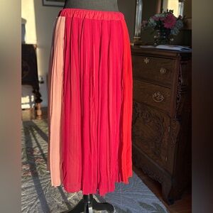 Adiva Pleated Two-Tone Pink, and Red Coral Maxi Skirt